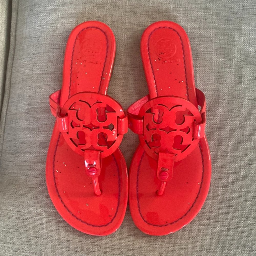 Tory Burch Logo Neon Pink Thong Sandals